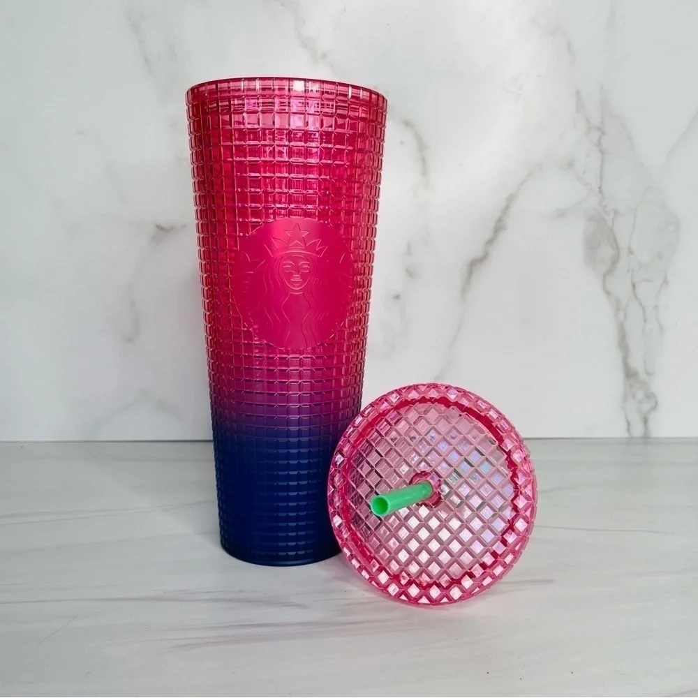 Starbucks 2022 Watermelon Pink Purple Gradient Ombre Grid 24oz Venti Tumbler Cup